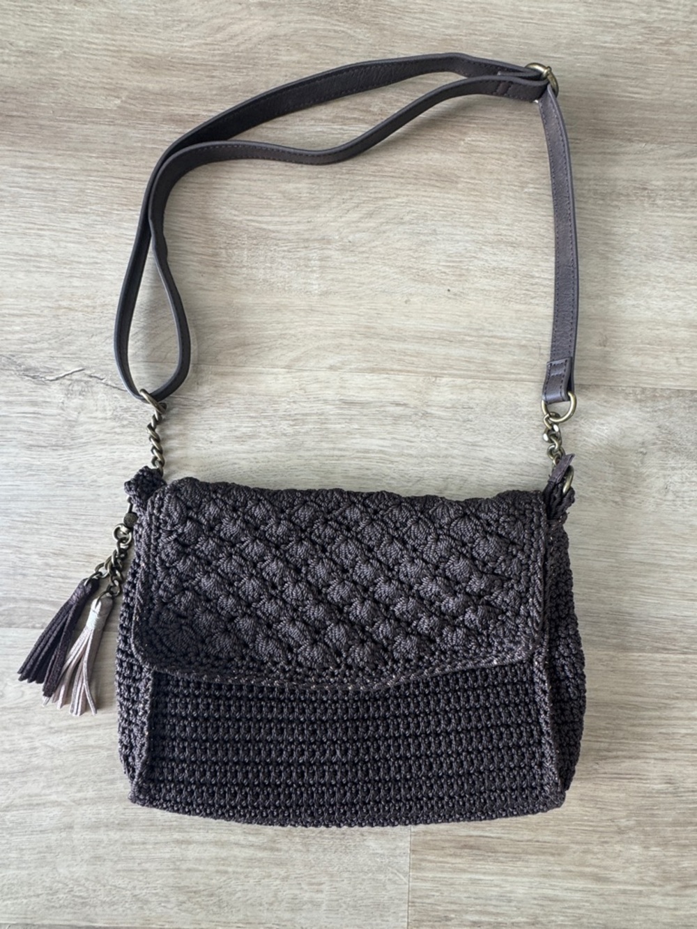 The Sak Crochet Crossbody Shoulder Bag - Dark Brown w/ Tassels